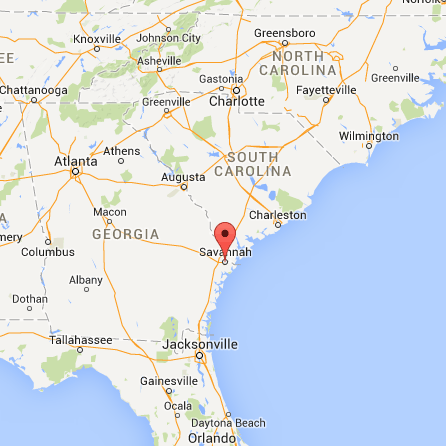 Map of the Southeast region of the U.S., specifically spotlighting Savannah, Georgia
